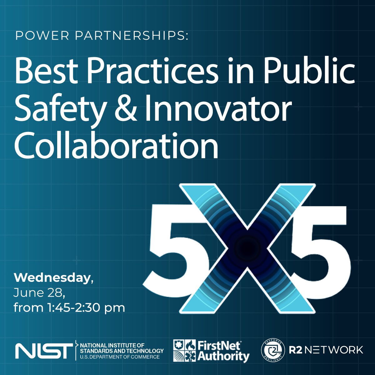 The R2 Network is looking forward to the <a href="/FirstNetGov/">FirstNet Authority</a> and <a href="/NISTPublicSafeT/">NIST Public Safety Research</a> 5x5 Innovation Summit next week! 

Join our session, Best Practices in Public Safety &amp; Innovator Collaboration. Wednesday, June 28 @ 1:45pm. 

See you there!