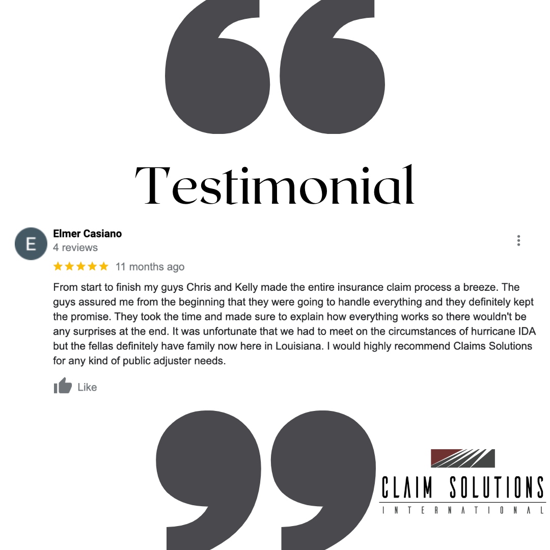 Clients reviews like this keep us doing what we do! We look forward to helping you next!
#claims #insuranceclaims #claimsadjusters #personalproperty #insurance  #stormdamage #claimsolutions #commercialpublicadjuster #claimsolutionsx #propertylossservices #insuranceclaimstips