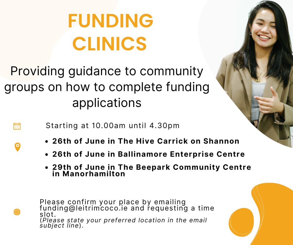 leitrimcoco's tweet photo. Leitrim County Council will be hosting one to one Funding Clinics, where a member of staff will be available to provide guidance on how to complete funding applications. The Funding Clinics will be located in Carrick on Shannon, Manorhamilton and Ballinamore. #Funding #Leitrim https://t.co/nL75MxJe9l