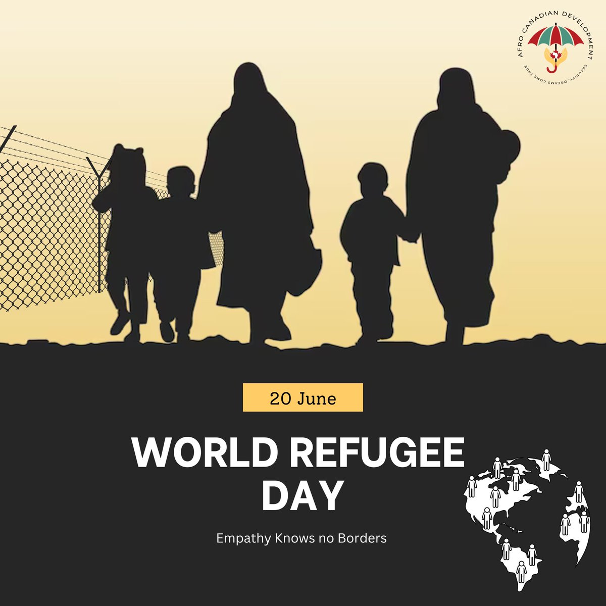 Afrocanadianinc's tweet image. No one chooses to be a refugee, but we can choose compassion. 
On this World Refugee Day, let&apos;s open our hearts and extend a helping hand to those in need. #afrocanadiandevelopment #worldrefugeeday2023