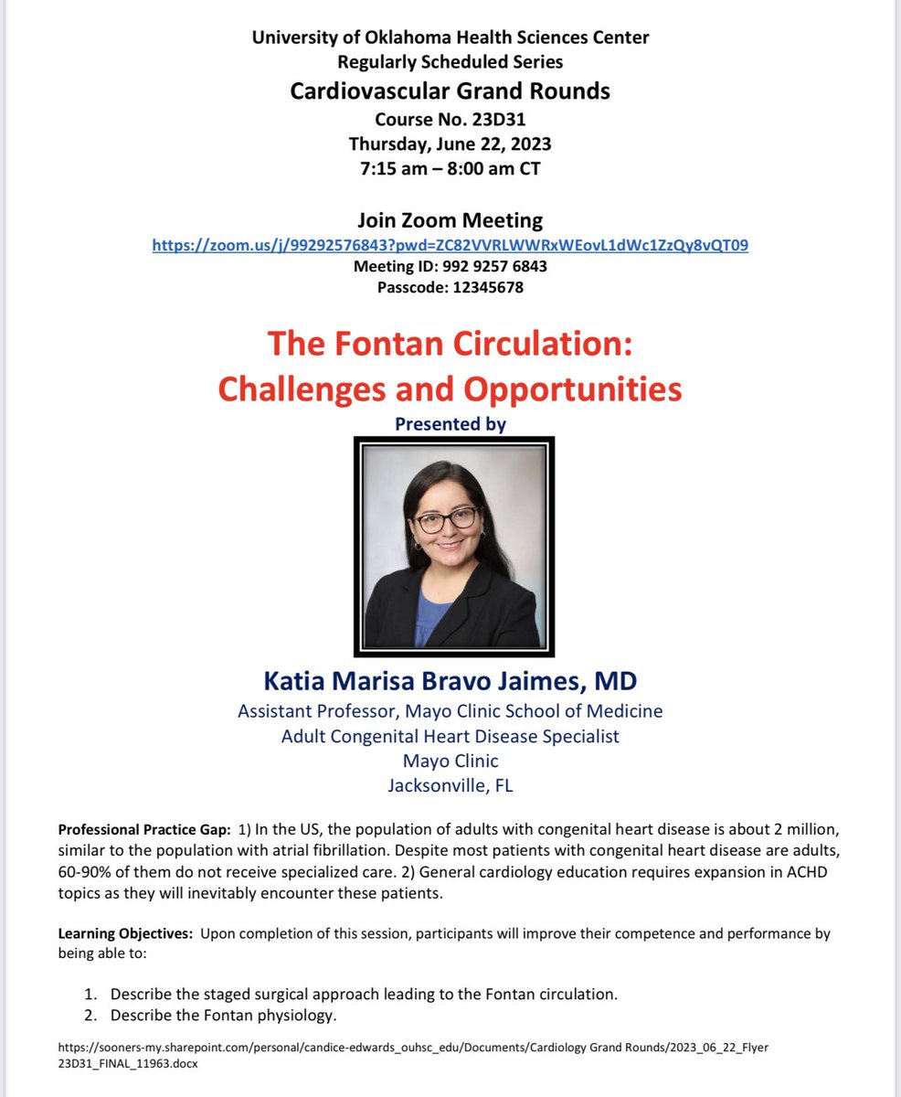 Chittur Sivaram (@casivaram1) on Twitter photo ✨ Ending the OU Virtual CV Grand Round series for 2022-23 with another early career star
✨ Dr. Katia Bravo reviews Fontan Circulation on 06/22/23
✨ Join us ⬇️
zoom.us/j/99292576843?…
<a href="/OUHealth/">OU Health</a>
<a href="/Bravo__MD/">Katia Bravo, MD, FACC</a>
<a href="/ggvela/">GladysMDHeart</a>
<a href="/AdrianaCMares/">Adriana C. Mares</a>
<a href="/noshreza/">Nosheen Reza, MD, MS</a>
<a href="/DrMarthaGulati/">Dr. Martha Gulati ♥️🫀❤️🩹🇨🇦</a>
<a href="/purviparwani/">Dr. Purvi Parwani</a> ✨ Ending the OU Virtual CV Grand Round series for 2022-23 with another early career star
✨ Dr. Katia Bravo reviews Fontan Circulation on 06/22/23
✨ Join us ⬇️
zoom.us/j/99292576843?…
<a href="/OUHealth/">OU Health</a>
<a href="/Bravo__MD/">Katia Bravo, MD, FACC</a>
<a href="/ggvela/">GladysMDHeart</a>
<a href="/AdrianaCMares/">Adriana C. Mares</a>
<a href="/noshreza/">Nosheen Reza, MD, MS</a>
<a href="/DrMarthaGulati/">Dr. Martha Gulati ♥️🫀❤️🩹🇨🇦</a>
<a href="/purviparwani/">Dr. Purvi Parwani</a>