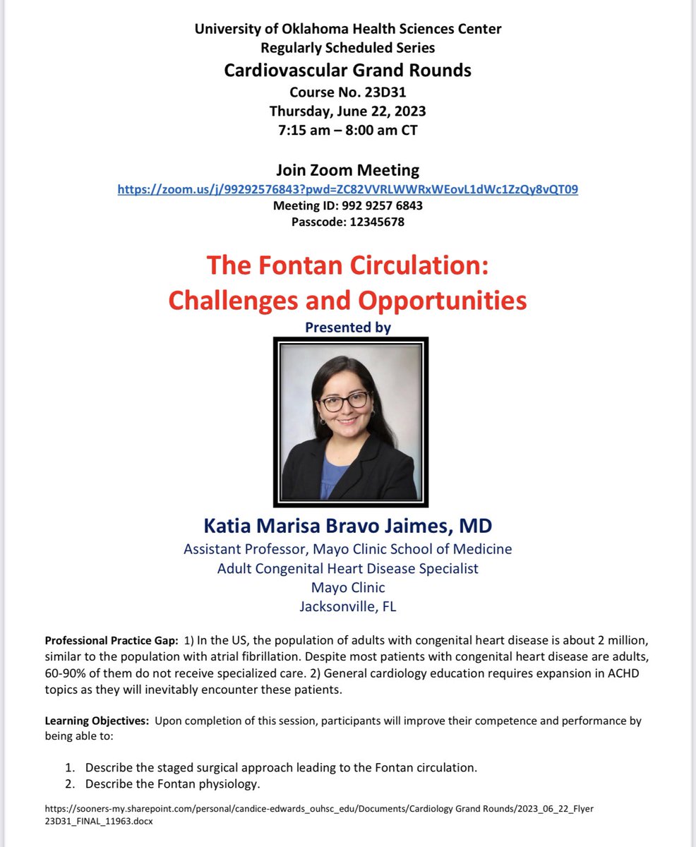 ✨ Ending the OU Virtual CV Grand Round series for 2022-23 with another early career star ✨ Dr. Katia Bravo reviews Fontan Circulation on 06/22/23 ✨ Join us ⬇️ zoom.us/j/99292576843?… @OUHealth @Bravo__MD @ggvela @AdrianaCMares @noshreza @DrMarthaGulati @purviparwani