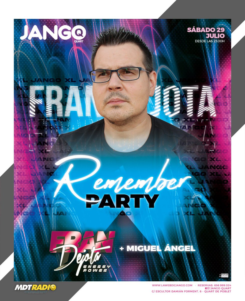 frandejota's tweet photo. ✔️ Apunta en tu FestiAgenda
🌞 REMEMBER PARTY 😎
🗓️ 29 DE JULIO
📍Jango Quart (Quart de Poblet-Vcia)
#remember #musicaremember #jangoquart https://t.co/QCrP8vtgcl
