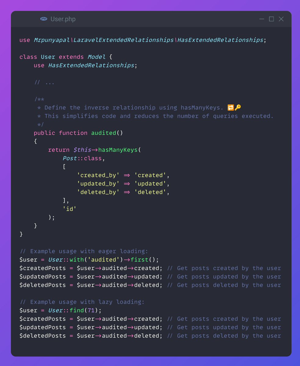 MrPunyapal's tweet photo. Tweet 4: Inverse Relationship
🔄 Simplify your code and reduce queries with the hasManyKeys inverse relationship.

Retrieve audited posts easily using the audited relationship. 

#Laravel #InverseRelationship https://t.co/swFtoJnAlK