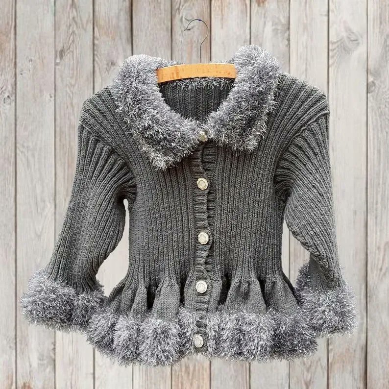 Grey hand knitted girls cardigan with sparkly tinsel yarn trim 30 inch chest buff.ly/3M8cS43 #knittingtopia #etsy #childrensknitwear #knitwear #etsyseller #isellonetsy #handmade #handknit #shophandmade #buybritish #MHHSBD #craftbizparty