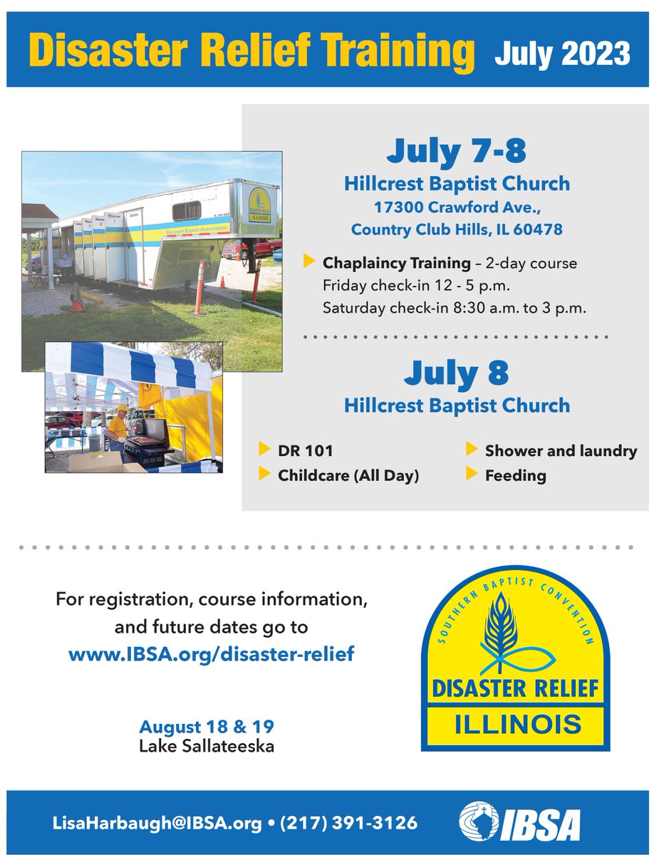 Check out these great upcoming opportunities for Illinois Baptist Disaster Relief Training! Share and help us spread the word! Register at ibsa.org/disaster-relie…. #IBDR