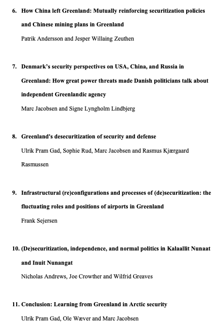 Marc Jacobsen (@marcarctic) on Twitter photo Finally! Our book 'Greenland in Arctic Security' can now be preordered --> press.umich.edu/12676130/green…
Thanks to authors and <a href="/UofMPress/">University of Michigan Press</a> for letting <a href="/ole_waever/">Ole Wæver</a>, @UlrikPG and me edit the intriguing chapters about (de)securitization dynamics icw. Greenland. Check out cover and TOC 👇 Finally! Our book 'Greenland in Arctic Security' can now be preordered --> press.umich.edu/12676130/green…
Thanks to authors and <a href="/UofMPress/">University of Michigan Press</a> for letting <a href="/ole_waever/">Ole Wæver</a>, @UlrikPG and me edit the intriguing chapters about (de)securitization dynamics icw. Greenland. Check out cover and TOC 👇