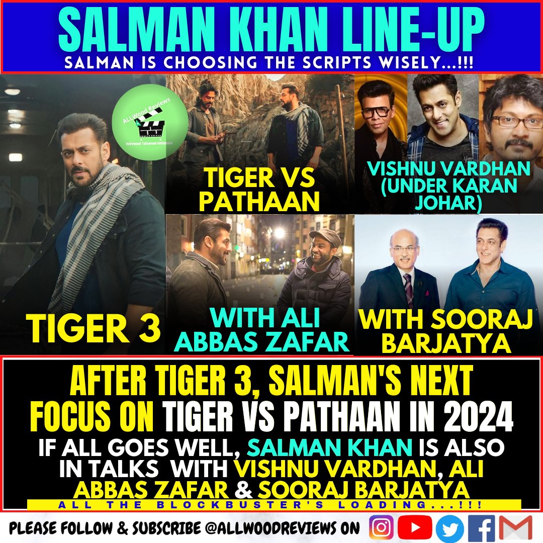 #EXCLUSIVE:
#SalmanKhan next film after #Tiger3 will be #TigervsPathaan in 2024. Salman is also in the talks with the,
⭐#VishnuVardhan (under #KaranJohar production),
⭐#AliAbbasZafar is also meeting with #Salman.
⭐#SoorajBarjatya - Salman's mentor is also a ready script.
