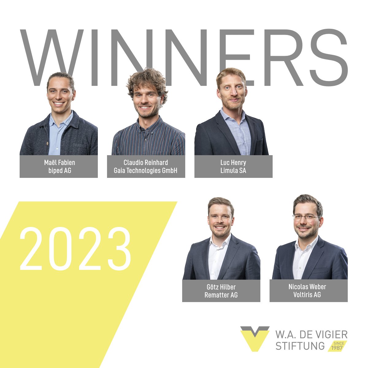 🏆🏆🏆🏆🏆 CONGRATULATIONS! The 5 winners of the 2023 W.A. #devigier Awards are: #biped, @gaiatechxyz, @LimulaB, #Rematter and #Voltiris! Thanks everyone for an unforgettable award ceremony and CHEERS to supporting #swissstartups ! 🎉