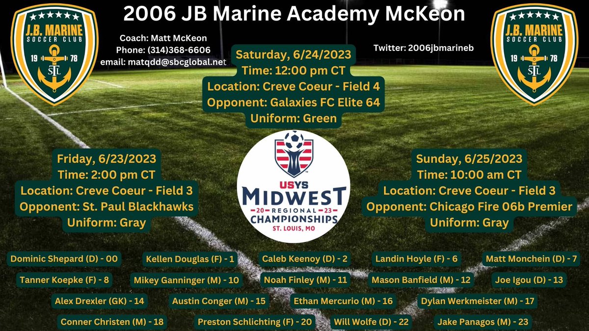 @2006jbmarineb is back in action this weekend. Come check out this group of ‘24 boys. <a href="/SLUMensSoccer/">SLU Men's Soccer</a> <a href="/SIUEMensSoccer/">SIUE Men's Soccer</a> <a href="/OhioStateMSOC/">Ohio State Men’s Soccer</a> <a href="/LindenwoodMsoc/">LindenwoodMSOC</a> <a href="/DaytonMSoccer/">Dayton Men’s Soccer</a> <a href="/KCRoosMSoccer/">Kansas City Soccer</a> <a href="/BUKnightsMSOC/">Bellarmine Men's Soccer</a> <a href="/MaryvilleSoccer/">Maryville Men’s Soccer</a> <a href="/UISMSoccer/">UIS Men's Soccer</a> <a href="/TrumanMSoccer/">Truman Men's Soccer</a> <a href="/Miners_MSOC/">S&T Men's Soccer</a> <a href="/DUMensSoccer/">Drury Mens Soccer</a> <a href="/WebsterSoccer/">Webster University Men's Soccer</a>