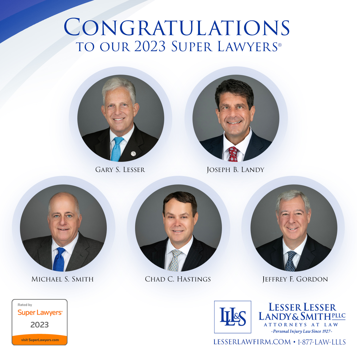 We are proud to announce that Managing Partner @GarySLesserEsq, Shareholders Joe Landy & Mickey Smith and Partners Chad Hastings & Jeff Gordon have been selected as @SuperLawyers of 2023. This is a title given to only the top 5% of attorneys in each state. Congratulations!