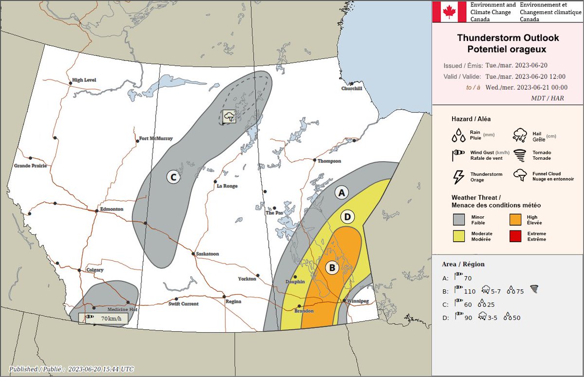 ABStormChaser's tweet photo. Updated outlook map from EC for #mbstorms today. Keep your eyes on the sky today! https://t.co/DzVmHB6K4p