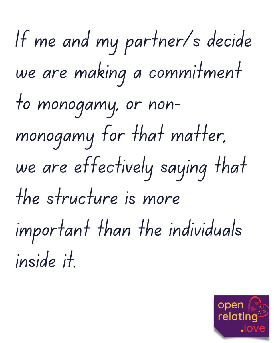openrelating's tweet photo. If me and my partner/s decide we are making a commitment to monogamy, or non-monogamy for that matter, 
we are effectively saying that the structure is more important than the individuals inside it.

 #OpenRelating https://t.co/rKMaz7ldu8