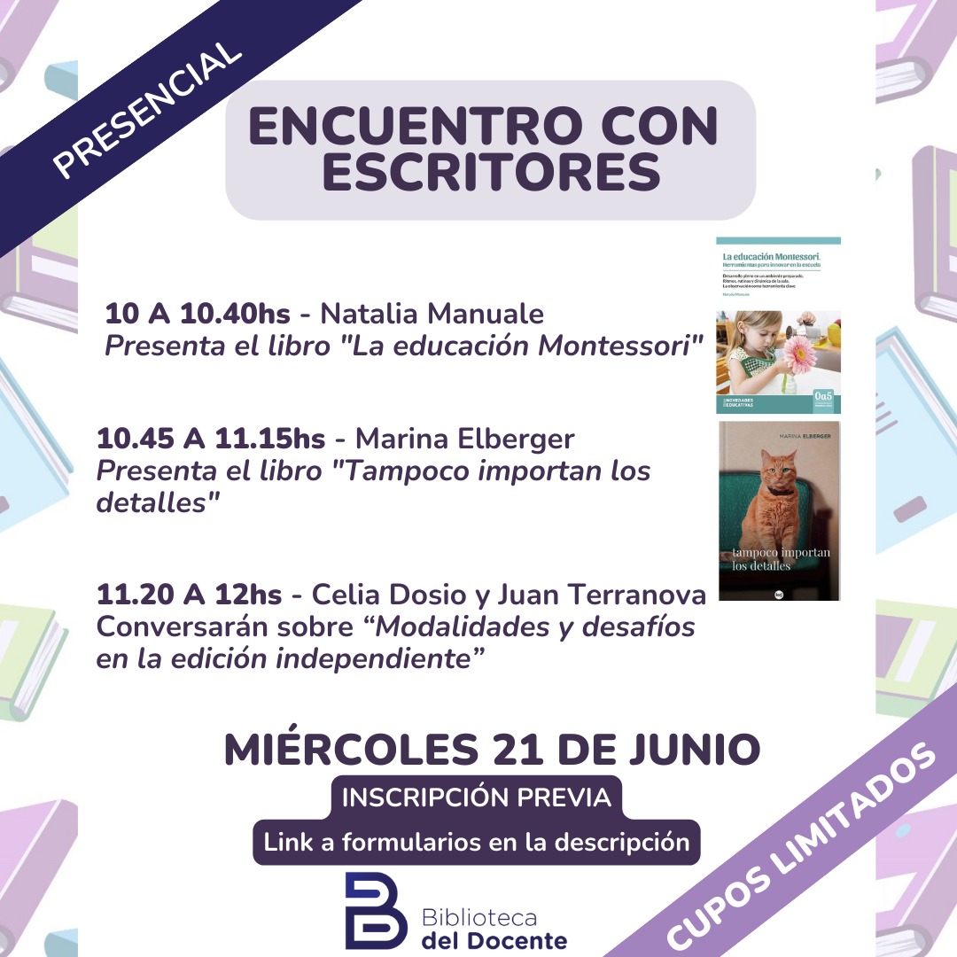 📚 La  #BD invita a disfrutar de un “Encuentro con escritores”

🗓️ 21/06
⏰ 10-12 h.
📍Av. Entre Ríos 1349, CABA
⚠️ CUPOS LIMITADOS.
📧 Inscripción previa: acortar.link/qDfrlj

📬 bibliotecadeldocente@gmail.com
📞4305-7202/7204/7219

¡Las/los esperamos! 😉