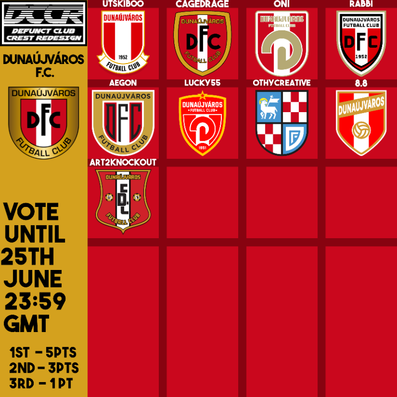 designfootball's tweet photo. The time to vote for the best Dunaújváros FC badge in the Defunct Club Crest Redesign challenge is virtually over.
#DCCR