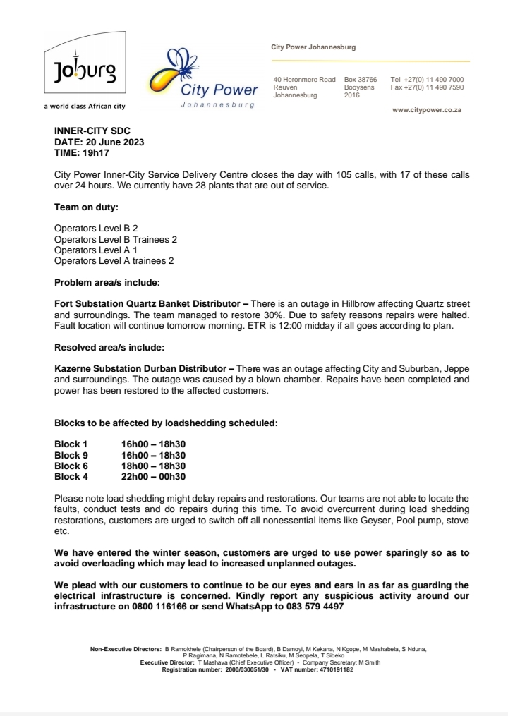CityPowerJhb's tweet photo. #JoburgUpdates #Joburgservices #InnerCity
#FortSubstation (Quartz Banket Distributor) โ 30% of Power has been restored. Work will continue tomorrow morning due to safety reasons. ^NT https://t.co/lyrzaFx4bc