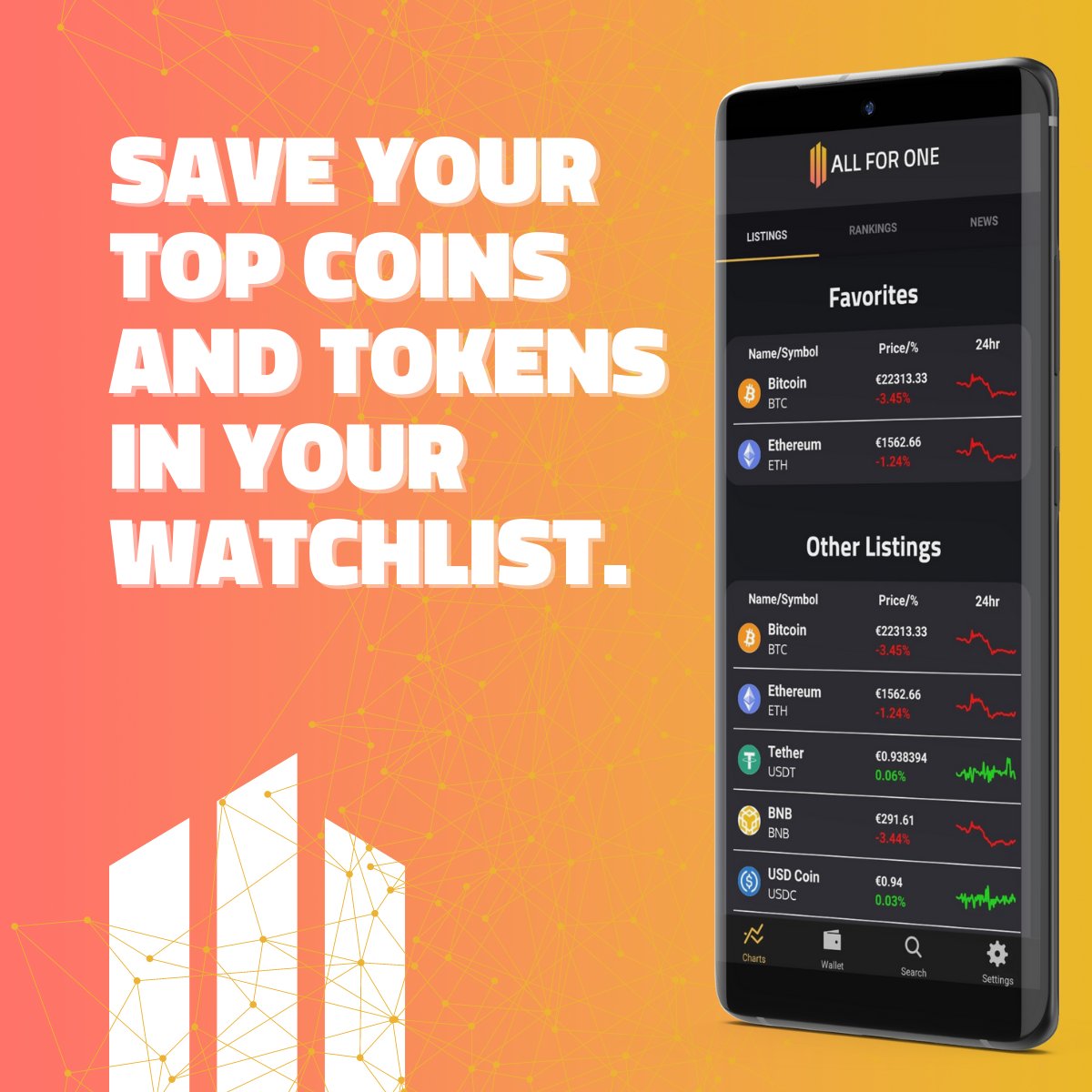 AppAllForOne's tweet image. AllForOne's personal watchlist empowers you to track your crypto favorites with ease. Never miss a beat in the dynamic crypto world. #crypto #watchlist