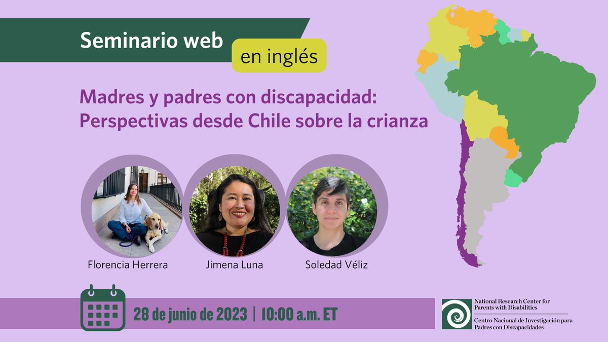 Upcoming webinar on June 28: Parents &amp; Parenting with Disabilities: Perspectives from Chile

Panelists <a href="/mfho/">florencia Herrera</a>, Jimena Luna &amp; Soledad Véliz will discuss their work, experience, and perspectives. #DisabledParenting #ParentsWithDisabilities #Chile

zurl.co/Azm6