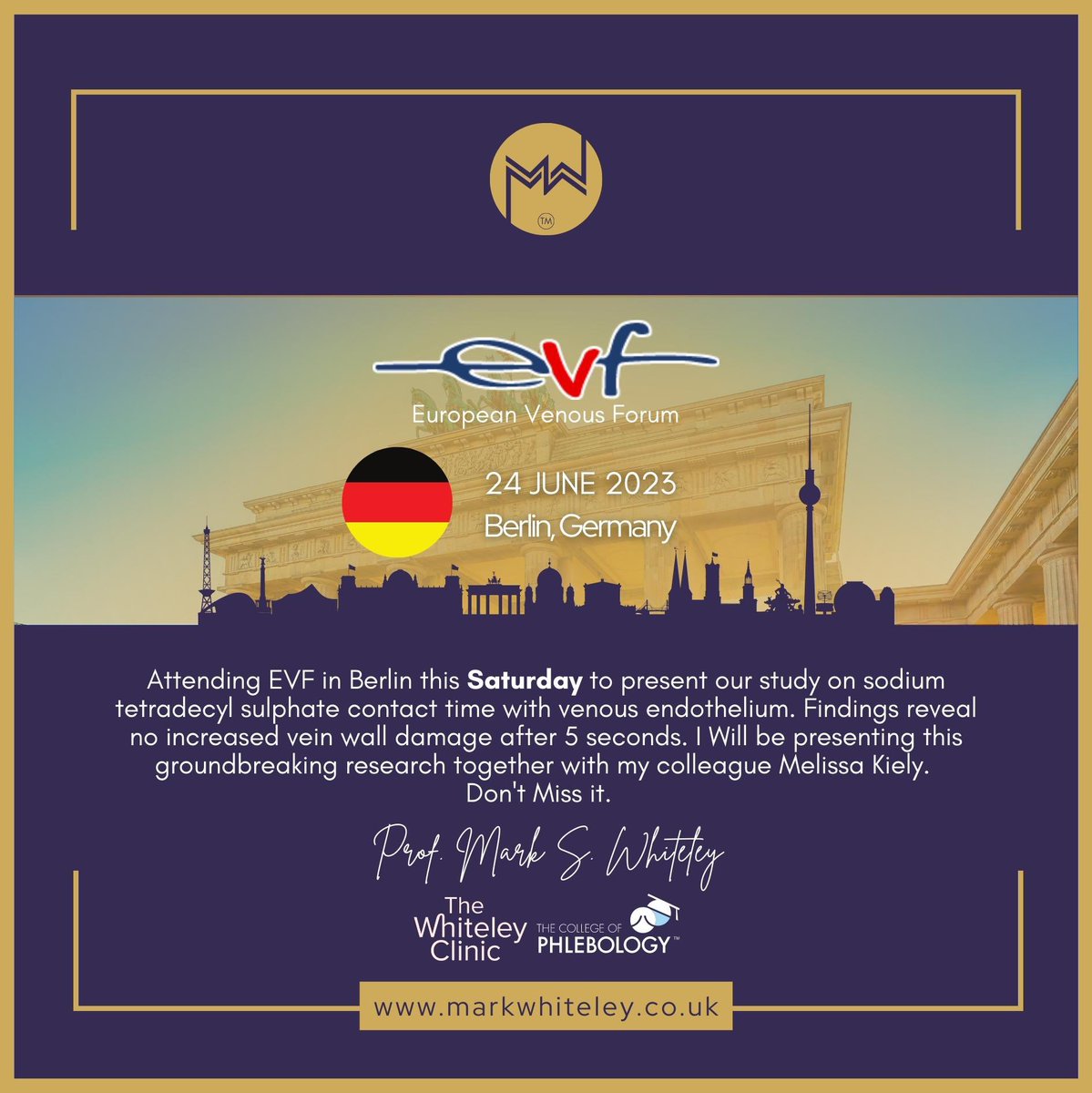 Excited to be in Berlin this Saturday for #EVF! Presenting our study on sodium tetradecyl sulphate and venous endothelium together with Melissa Kiely. 🌍 Join us as we share our findings: No increased vein wall damage after 5 seconds! 🧪 #Research #MedicalConference #VeinHealth