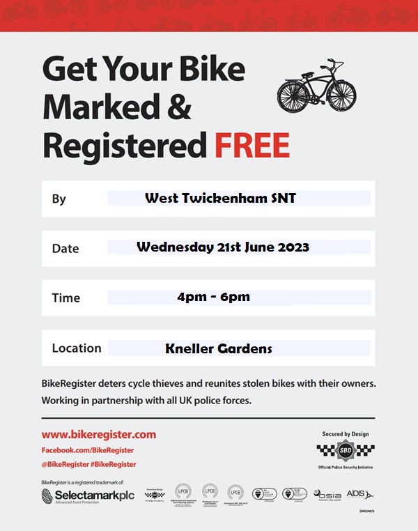 🚲FREE BIKE MARKING🚲TOMORROW 21st JUNE 2023 4pm - 6pm at KNELLER GARDENS, TWICKENHAM 
@bikeregister @MPSWTwickenham @MPSHeathfield @MPSFulwell
#bikemarking #LockItMarkIt #CommunityEngagementFREE