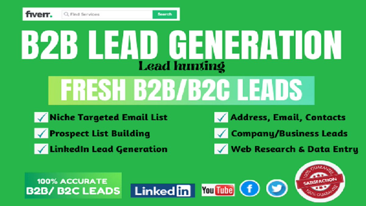 I will do b2b lead generation and linkedin leads for any industries #b2b #leads #leadgeneration #emaillisting #webextracting #mining #DataEntry #datacollection #saleslead #sales #marketing #branding #digitalmarketing #advertising #ecommerce    More info:fiverr.com/share/d8p9m6