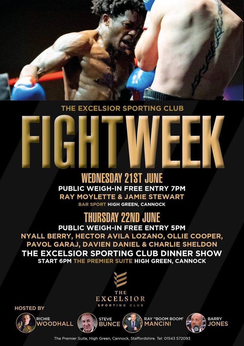 The Excelsior Sporting Club (@excelsiorsc1) on Twitter photo The public Weigh in times for our Excelsior Sporting Club Boxing Show on Thursday have changed slightly.
Tomorrow Wednesday 7pmWeigh-In
<a href="/raymoylette/">Ray Moylette</a> & JamieStewart
Thursday Pre Fight 5pmWeigh-In
@Nyberry7 & HectarAvilaLozano
<a href="/OllieCooper21/">Ollie Cooper</a> & PavGaraj
DavienDaniel & ChazSeldon The public Weigh in times for our Excelsior Sporting Club Boxing Show on Thursday have changed slightly.
Tomorrow Wednesday 7pmWeigh-In
<a href="/raymoylette/">Ray Moylette</a> & JamieStewart
Thursday Pre Fight 5pmWeigh-In
@Nyberry7 & HectarAvilaLozano
<a href="/OllieCooper21/">Ollie Cooper</a> & PavGaraj
DavienDaniel & ChazSeldon