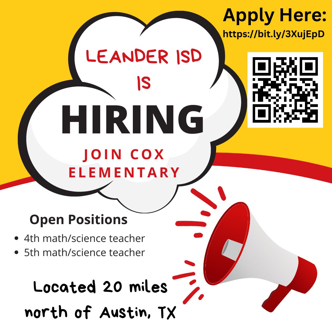 Cox Elementary <a href="/LeanderISD/">Leander ISD</a> located 20 miles north of Austin, TX is hiring for the 2023-2024 school year! Working TOGETHER to ensure confident, independent, lifelong learners. Apply here: bit.ly/3XujEpD😀