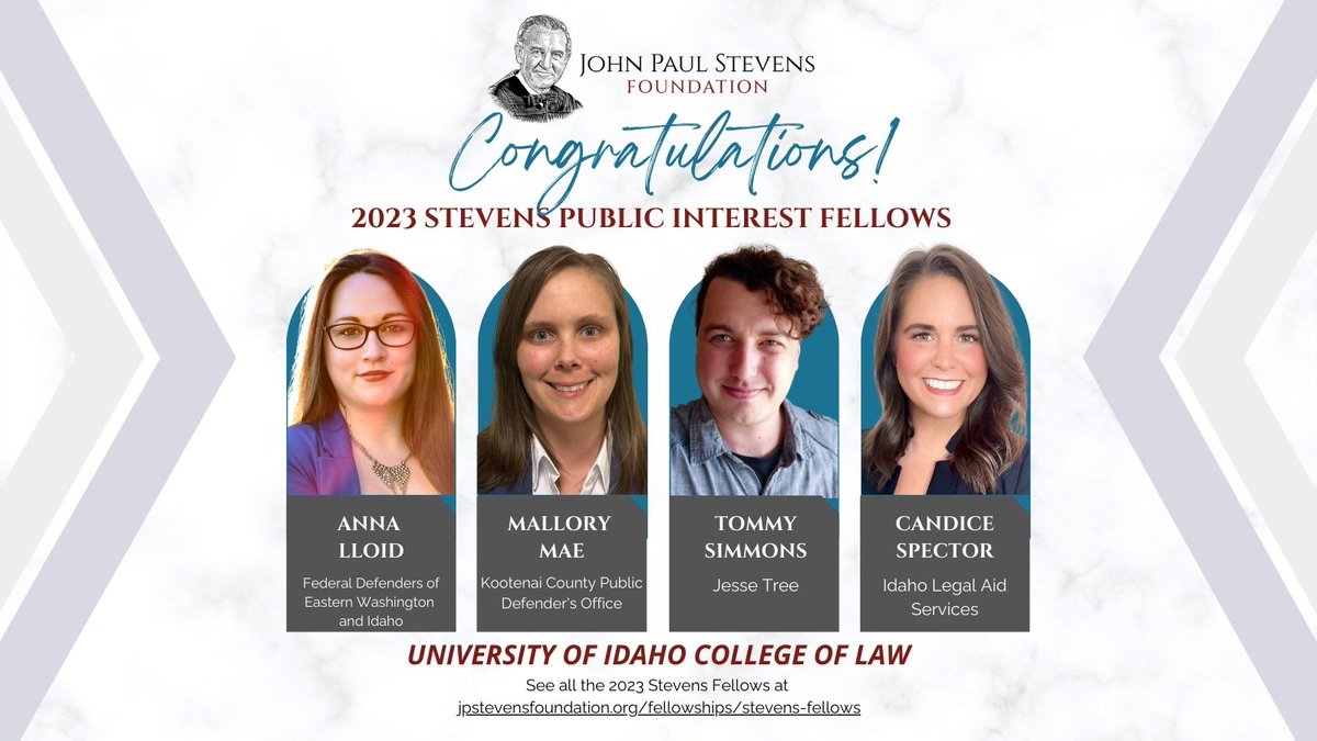 JPStevensFoundation (@jpstevensfndtn) on Twitter photo Congrats to the 2023 Fellows at <a href="/uidaholaw/">UIdahoLaw</a>! Anna Lloid, Mallory Mae, <a href="/tsimmonsipt/">Tommy Simmons</a>, & Candice Spector are working at Federal Defenders of Eastern Washington and Idaho, Kootenai County Public Defenders, <a href="/jessetreeidaho/">Jesse Tree</a>, & <a href="/IdahoLegalAid/">Idaho Legal Aid</a>. See all Fellows at bit.ly/JPSFellows. Congrats to the 2023 Fellows at <a href="/uidaholaw/">UIdahoLaw</a>! Anna Lloid, Mallory Mae, <a href="/tsimmonsipt/">Tommy Simmons</a>, & Candice Spector are working at Federal Defenders of Eastern Washington and Idaho, Kootenai County Public Defenders, <a href="/jessetreeidaho/">Jesse Tree</a>, & <a href="/IdahoLegalAid/">Idaho Legal Aid</a>. See all Fellows at bit.ly/JPSFellows.