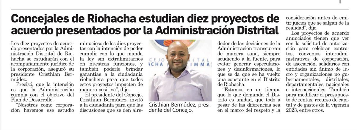 Chris_bermudezb's tweet photo. En el actual período de sesiones extraordinarias en el @concejoriohacha continuamos con el compromiso de dar trámite a los estudios previos de los proyectos de acuerdo presentados por @AlcaldiaRcha, así mismo, se aprobarán aquellos que aporten al desarrollo de R/cha. https://t.co/TXcwwpIkMu
