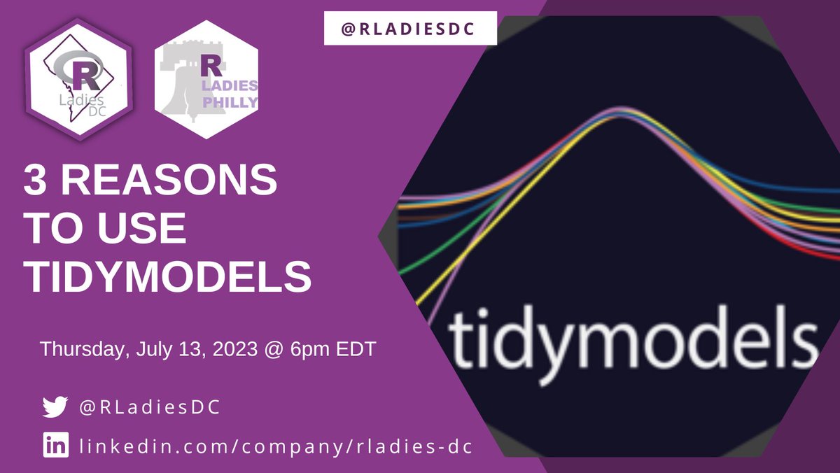 Join us for "3 reasons to use Tidymodels with Julia Silge" in July! 
meetup.com/rladies-dc/eve…
#RStats #datafam