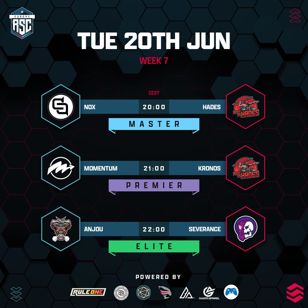 RSC EU (@rsc_eu) on Twitter photo π£ Match Day! π£
Nox π Hades @ 20:00 CEST
Momentum π Kronos @ 21:00 CEST
Anjou π Severance @ 22:00 CEST
π - <a href="/moreiskye/">MoreiSkye</a>, <a href="/DannyBoyATM/">Daniel Knight</a>, <a href="/SmokyBear182/">Smoky Bear</a>, <a href="/Sinix_RL/">Sinix</a>, <a href="/Vyn0Eu/">Vyn0</a>, Biggles
π¬ - <a href="/ClimbableSauce/">Tom | Sauce</a>
πΊ - twitch.tv/rsc_eu π£ Match Day! π£
Nox π Hades @ 20:00 CEST
Momentum π Kronos @ 21:00 CEST
Anjou π Severance @ 22:00 CEST
π - <a href="/moreiskye/">MoreiSkye</a>, <a href="/DannyBoyATM/">Daniel Knight</a>, <a href="/SmokyBear182/">Smoky Bear</a>, <a href="/Sinix_RL/">Sinix</a>, <a href="/Vyn0Eu/">Vyn0</a>, Biggles
π¬ - <a href="/ClimbableSauce/">Tom | Sauce</a>
πΊ - twitch.tv/rsc_eu