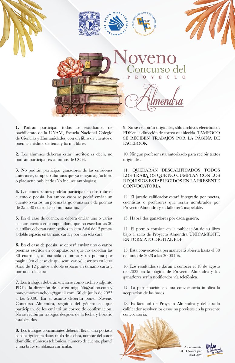 CCHUNAM's tweet photo. El Proyecto Almendra te invita a participar #cchro #cchra en su noveno concurso en cuento y poesía.

Consulta la convocatoria

@CCHAzcapoUNAM @pulsocchn @CCHVallejo_Ofi @CCHOte_UNAM @cchsur_oficial https://t.co/1Hb9zco7WN