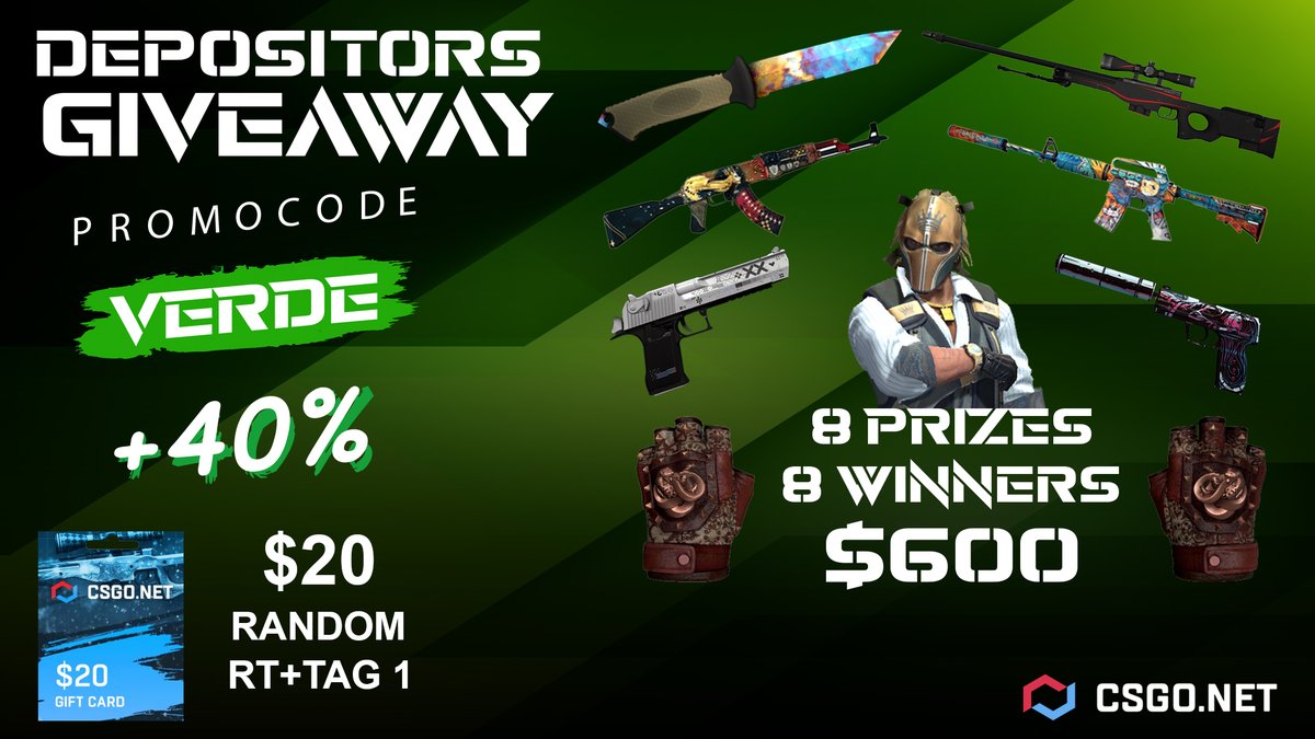 Depositors $600 Giveaway   

Promocode: VERDE and get 40% Bónus 

🏆8 Prizes, 8 Winners
Random RT get Gift Card 20€  

$1 = 1Ticket Fill this Form: forms.gle/tGsBrAtbcuNHjf…

✅Follow me 
✅RT 
✅Tag 1  

RT Draw 12/07 Dep Draw 14/07 
#CSGO #csgonet #CSGOGiveaway #cs2