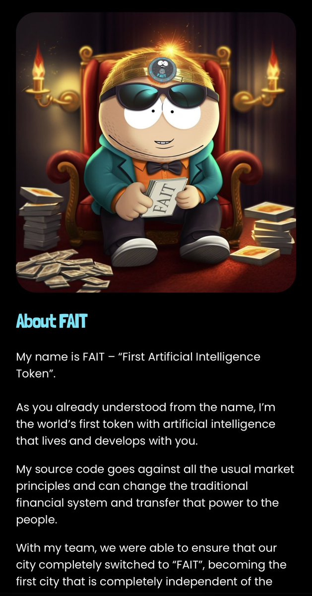 We are happy to say that the website is ready! 😎

The site contains all parts of the comic about the fascinating life of the #FAIT token 🚀🌕

You can also find all the information about the token there 👌🏻

Website: faitsouthpark.net
