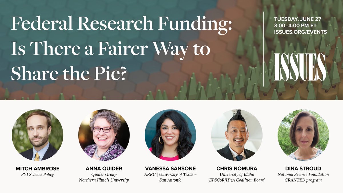 Federal Research Funding: Is There a Fairer Way to Share the Pie?

Join us Tuesday, June 27, at 3 PM ET to discuss the distribution of funding with <a href="/AQuider/">Dr. Anna Quider</a>, @VaSansone, @DinaMyersStroud, &amp; Chris Nomura—moderated by <a href="/FYIscipolicy/">FYI: Science Policy News</a>’s Mitch Ambrose. Register:
asu.zoom.us/webinar/regist…