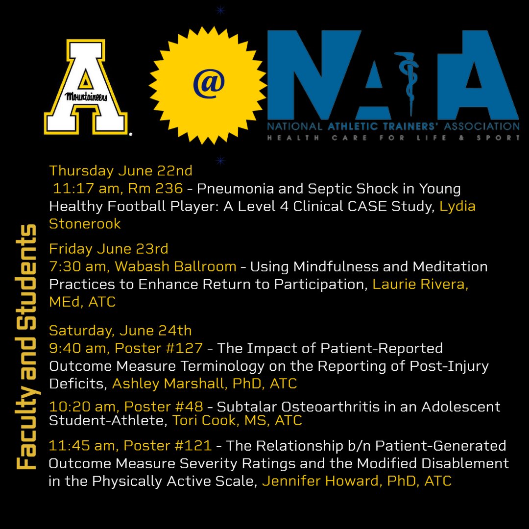App State AT Program (@appstateatp) on Twitter photo Headed to Indy for #NATA2023? Let us know, and also check out these great sessions and case studies from App State Faculty and Students!
<a href="/ash_n_marshall/">Ashley Marshall</a> <a href="/JSebertHoward/">Jennifer S. Howard</a>
#AppStateMSAT
#TakingHealthToNewHeights
#AppState
<a href="/bchsappstate/">BCHS@appstate</a>
@natafoundation Headed to Indy for #NATA2023? Let us know, and also check out these great sessions and case studies from App State Faculty and Students!
<a href="/ash_n_marshall/">Ashley Marshall</a> <a href="/JSebertHoward/">Jennifer S. Howard</a>
#AppStateMSAT
#TakingHealthToNewHeights
#AppState
<a href="/bchsappstate/">BCHS@appstate</a>
@natafoundation
