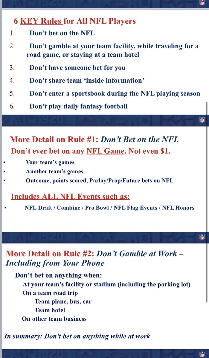 On an NFL conference call discussing the league gambling policy and education, here are the 6 key rules for players: