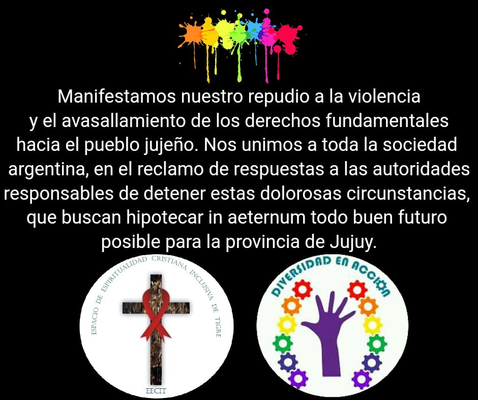 En el #DiaDeLaBandera Argentina, nos manifestamos con solidaridad para con quienes están alzando su voz en contra de tanto tiempo de abusos en este territorio nacional ¡Oremos por la paz y la justicia en #Jujuy!

#EECIT #DiversidadenAcción