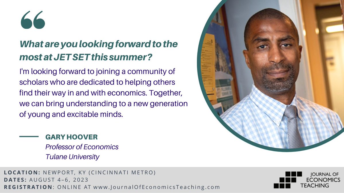 There are only 6 weeks left until #JETSET23! Join us in Newport, KY for a weekend full of great talks & opportunities to connect with fellow educators. 

Gary Hoover (@GaryAHoover) will deliver our Saturday morning keynote at the @NewportAquarium!

➡️ journalofeconomicsteaching.org/symposium/