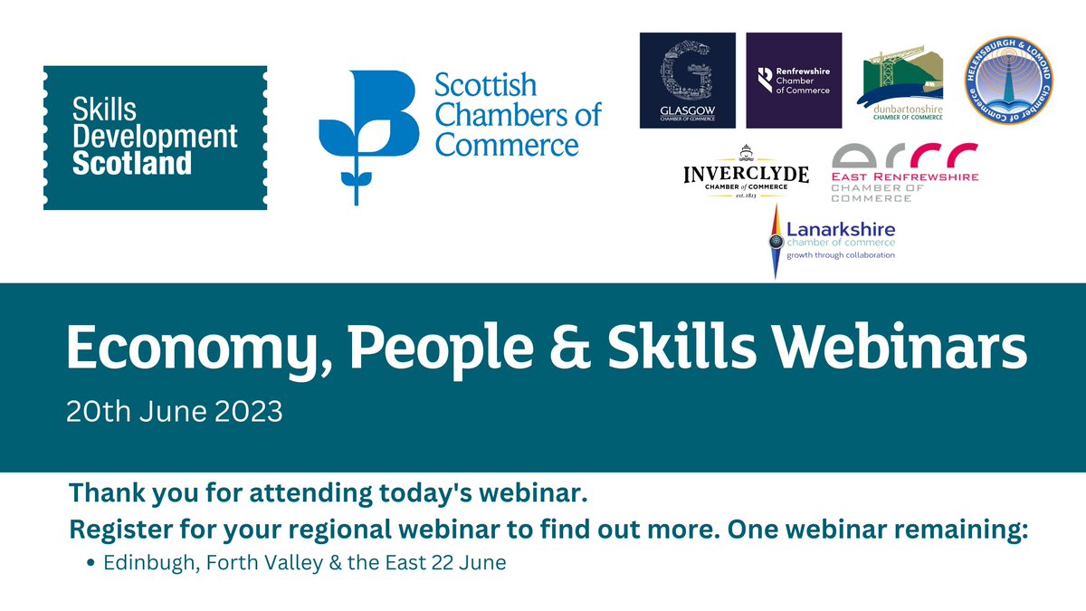 Today, SCC hosted a fantastic, well-attended &amp; successful Economy, People &amp; Skills Webinar covering Glasgow &amp; the West with <a href="/skillsdevscot/">Skills Development Scotland</a>.

There’s still time to sign up for the final Webinar covering Edinburgh, Forth Valley &amp; the East.

Sign up here➡️eventbrite.co.uk/o/scottish-cha…