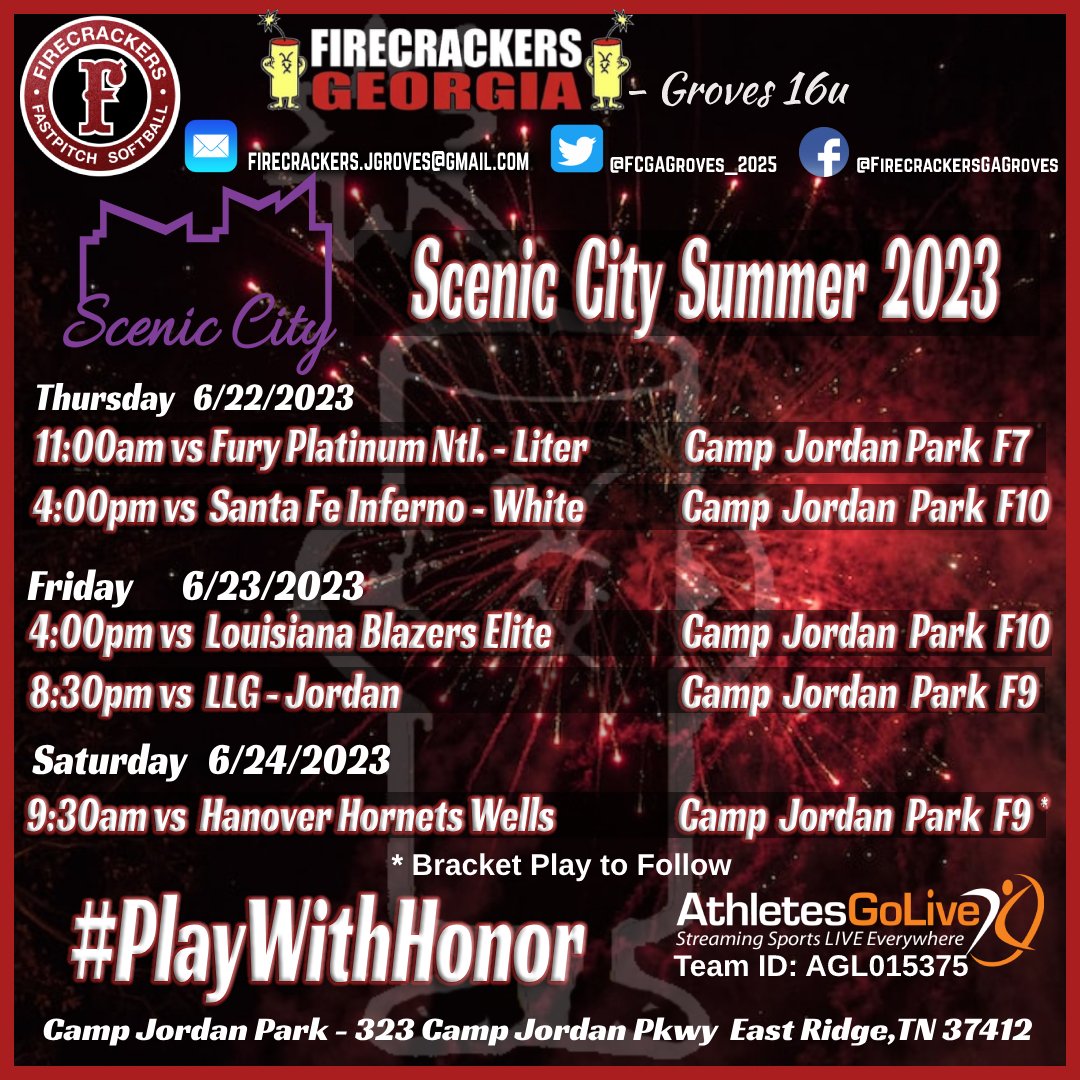FCGA 07 Alumni Prospects (@fcgeorgia_2025) on Twitter photo Chattanooga, here we come! Looking forward to competing against some great teams at Scenic City! Check us out at Camp Jordan Park this weekend or stream us live on <a href="/AGLSoftball/">AthletesGoLive Softball</a> Team ID: AGL015375. 🧨🧨💥
#PlayWithHonor #FCGeorgia
<a href="/Firecrackersinc/">Firecracker Softball</a> <a href="/FirecrackersGe1/">Firecrackers Georgia</a> @Los_Stuff Chattanooga, here we come! Looking forward to competing against some great teams at Scenic City! Check us out at Camp Jordan Park this weekend or stream us live on <a href="/AGLSoftball/">AthletesGoLive Softball</a> Team ID: AGL015375. 🧨🧨💥
#PlayWithHonor #FCGeorgia
<a href="/Firecrackersinc/">Firecracker Softball</a> <a href="/FirecrackersGe1/">Firecrackers Georgia</a> @Los_Stuff