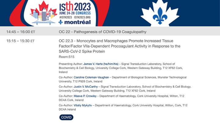 Delighted to be presenting at #ISTH2023 (Sun. 25th; 15:15 - 15:30  ET) on the procoagulant activity of monocytes/macrophages induced by the #SARSCoV2 spike protein - looking forward to attending for the first time and visiting the city of Montréal!