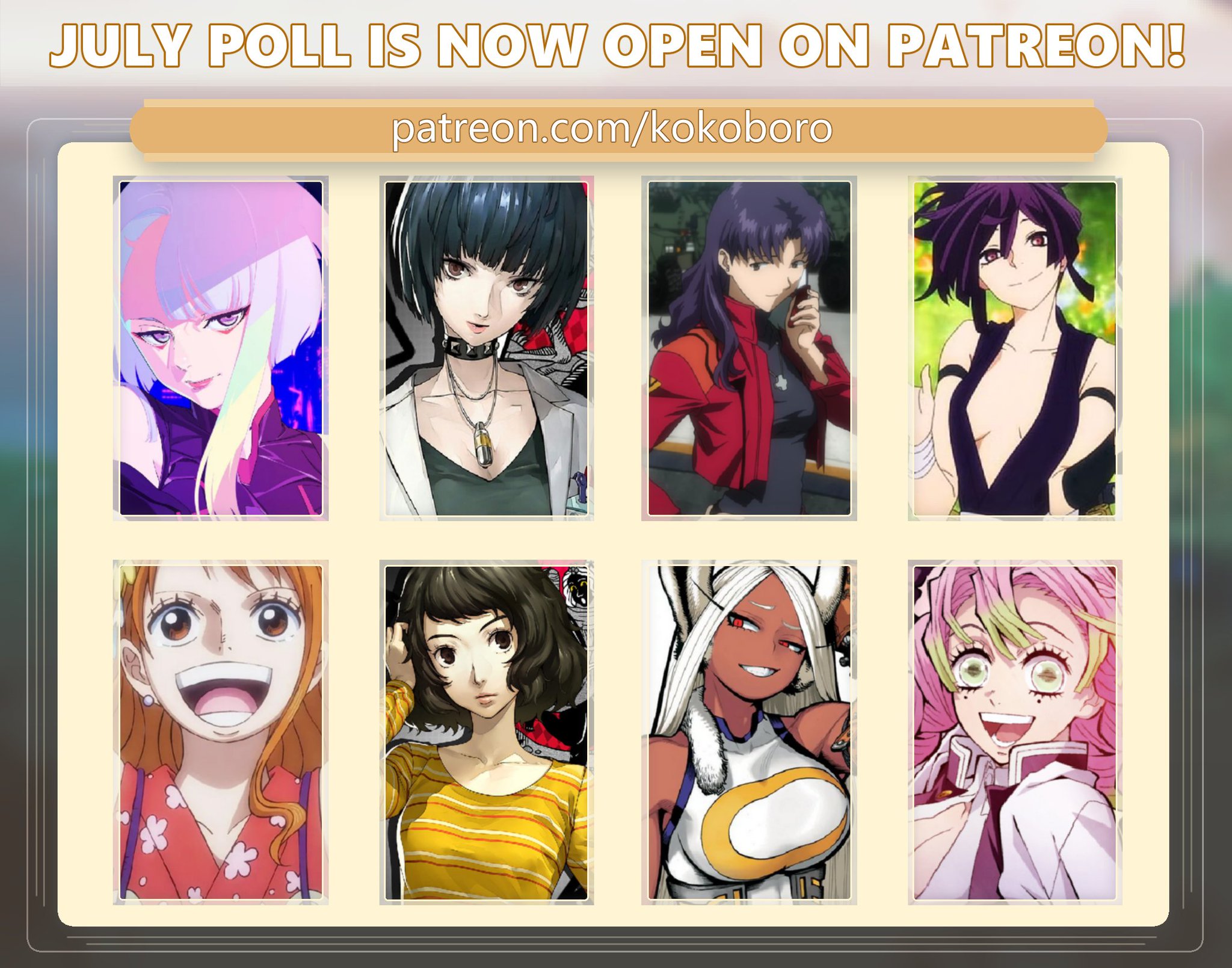 kokoboro on X: Voting poll for Julys character IS NOW OPEN on Patreon!✨ Voting will close on June 23, 12:00 AM CST! t.co73Tgm5Va5b X
