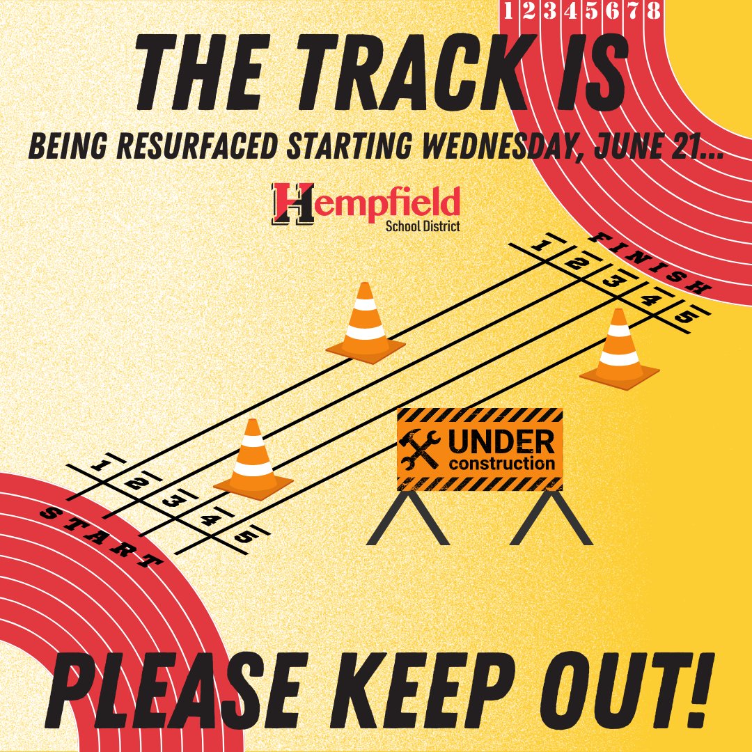 ⚠️ The track will be resurfaced beginning on Wed., June 21! ⚠️

During this project, the entire GLF Stadium (track, turf field, bleachers, etc.) will be off-limits until completed. 🚫🚧
 
The project is estimated to take about 3️⃣ weeks. More info. here: ow.ly/kir650OSNIZ
