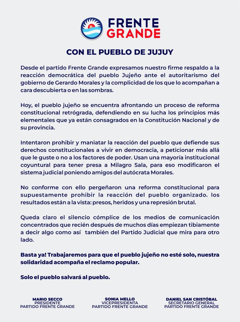 FGNacional's tweet photo. Comunicado ante la reforma y la represión en Jujuy

#FrenteGrandeNacional🔴🔵 https://t.co/SBobAAxX5P