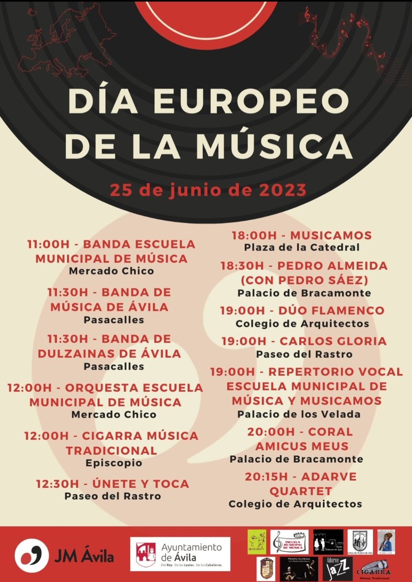 Ya es oficial! Compartimos el cartel con todas las actuaciones que tendrán lugar el próximo domingo, 25 de junio, para celebrar el Día Europeo de la Música🎶🎶
El centro de Ávila se convertirá en un escenario abierto a todo aquel que quiera unirse a celebrar este día con nosotros