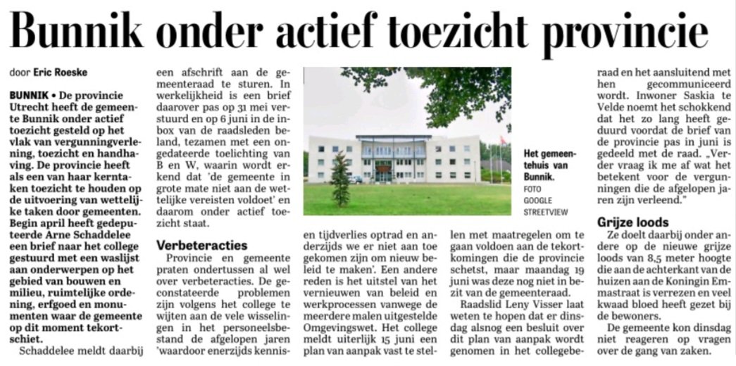 Eric Roeske (@ericroeske) on Twitter photo Gemeente Bunnik (met kernen Bunnik, Odijk en Werkhoven) staat onder actief toezicht van de <a href="/ProvUtrecht/">Provincie Utrecht</a> m.b.t vergunningverlening, toezicht en handhaving. De gemeente komt binnenkort met een reactie. Wordt vervolgd.
In #Telegraaf_Utrecht Gemeente Bunnik (met kernen Bunnik, Odijk en Werkhoven) staat onder actief toezicht van de <a href="/ProvUtrecht/">Provincie Utrecht</a> m.b.t vergunningverlening, toezicht en handhaving. De gemeente komt binnenkort met een reactie. Wordt vervolgd.
In #Telegraaf_Utrecht