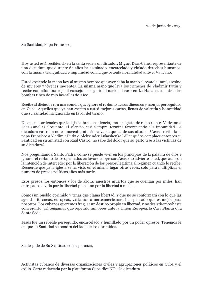 CubaDiceNO's tweet photo. Desde Cuba dice NO a la dictadura enviamos una carta abierta al Papa Francisco en apoyo a la protesta que la activista Colette Rodríguez Marcano leyó a las puertas del Vaticano. 

Quienes deseen suscribirla puede llenar el formulario adjunto. 

https://t.co/oMNAnzK7wk https://t.co/8WbZ9gcXOG