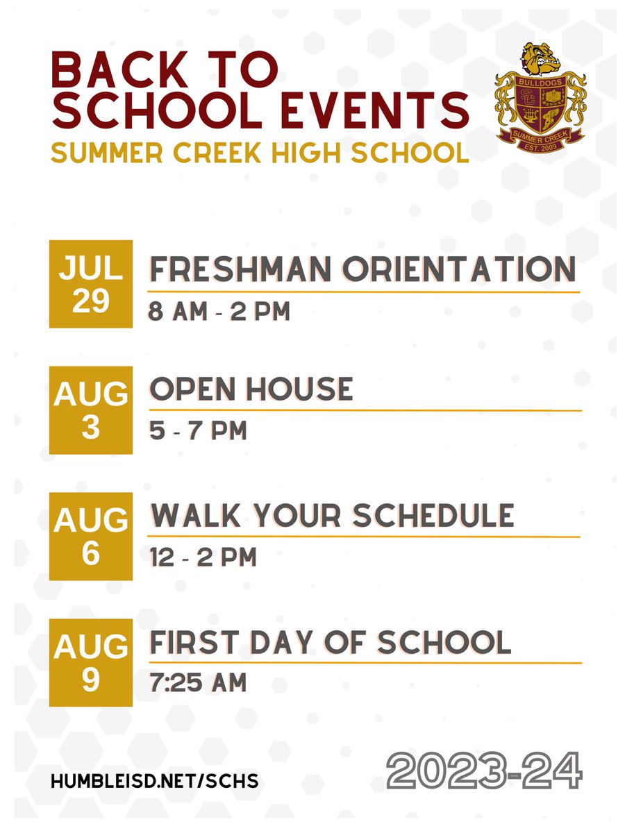Hi, Bulldogs! We hope you're enjoying your summer. Please save the date for these upcoming events! 🗓️🐾

🔗More Info: humbleisd.net/Domain/9937
