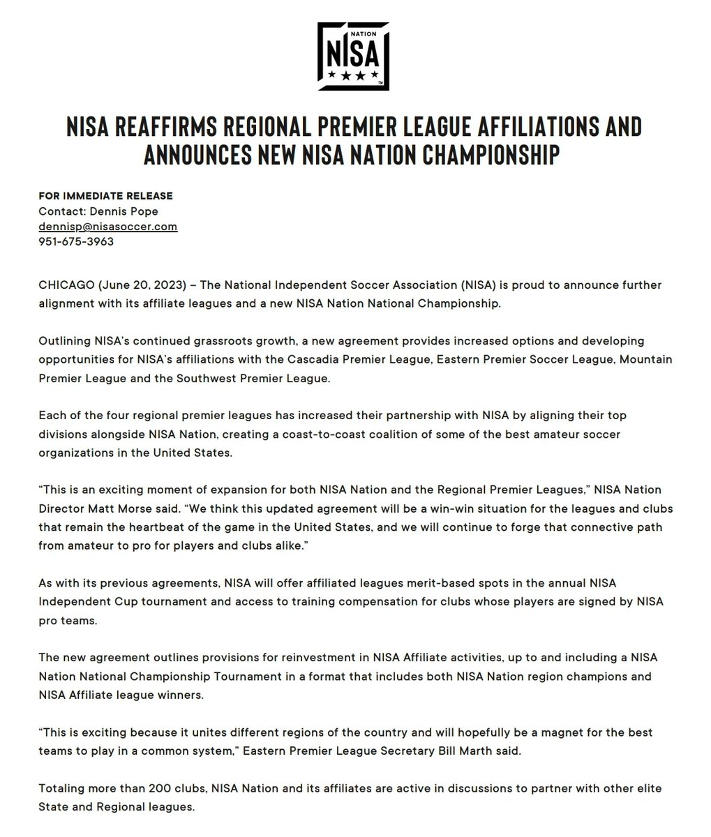NISA Nation (@thenisanation) on Twitter photo ⚫️⚪️ <a href="/NISALeague/">NISA Official</a> Reaffirms Regional Premier League Affiliations and Announces New NISA Nation Championship
A new agreement provides more options & developing opportunities for <a href="/CascadiaPL/">Cascadia Premier League</a>, @EPSLsoccer, <a href="/MountainPL/">Mountain Premier League</a> & <a href="/SWPremier/">Southwest Premier League</a>!
READ MORE: nisanation.com/news/2023/06/2…
#NISANation ⚫️⚪️ <a href="/NISALeague/">NISA Official</a> Reaffirms Regional Premier League Affiliations and Announces New NISA Nation Championship
A new agreement provides more options & developing opportunities for <a href="/CascadiaPL/">Cascadia Premier League</a>, @EPSLsoccer, <a href="/MountainPL/">Mountain Premier League</a> & <a href="/SWPremier/">Southwest Premier League</a>!
READ MORE: nisanation.com/news/2023/06/2…
#NISANation